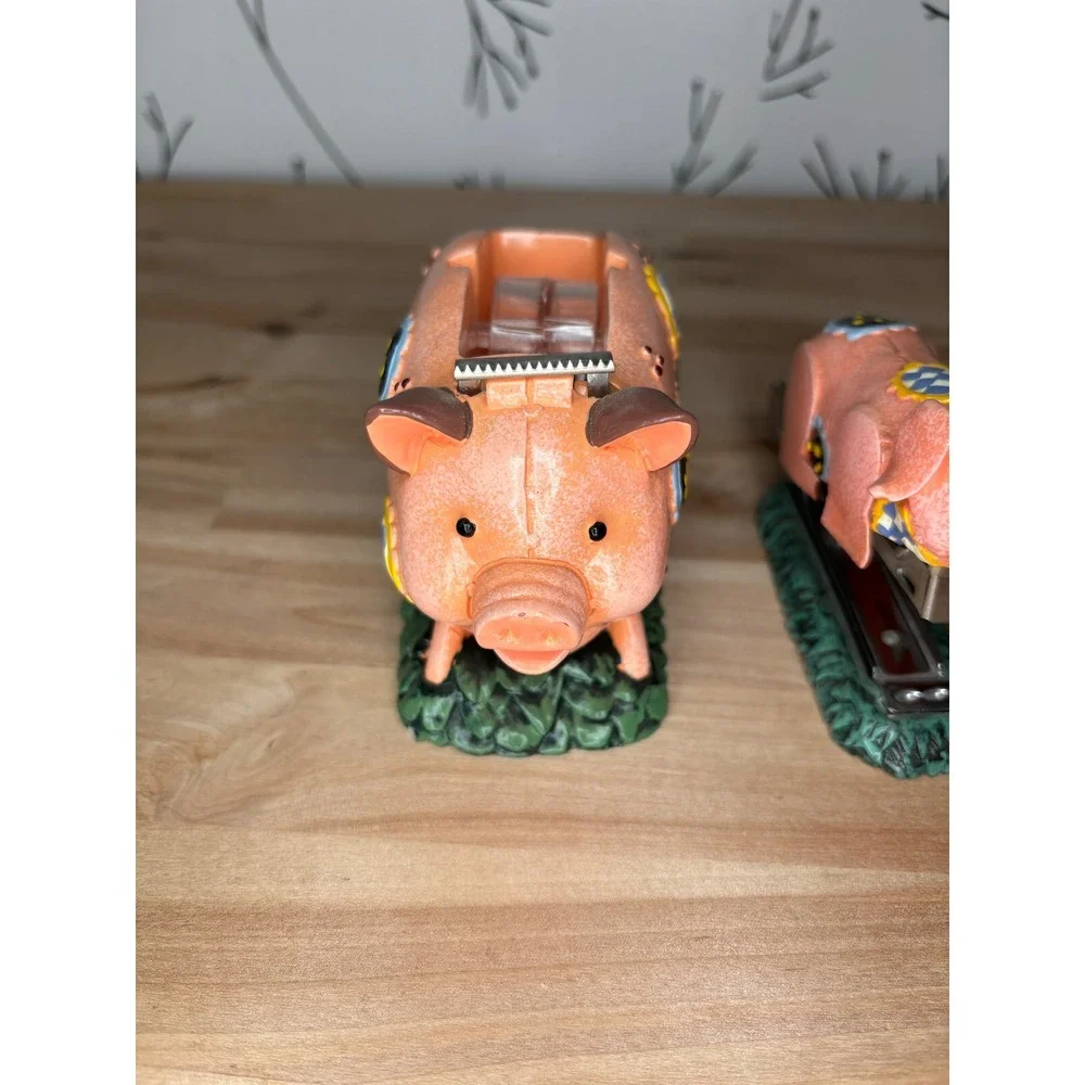 Vintage Style Pig Tape Dispenser and Stapler Set Floral Desk Accessories Pink